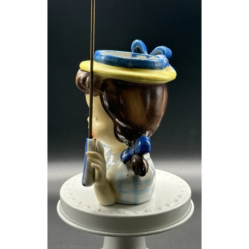 Vintage Napco 1950s Ceramic Girl Head Planter with Pigtails and Umbrella JAPAN
